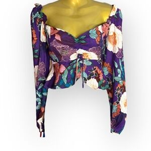 NWT Band of the Free Purple Floral Sweetheart Smocked Crop Top Tie Blouse S